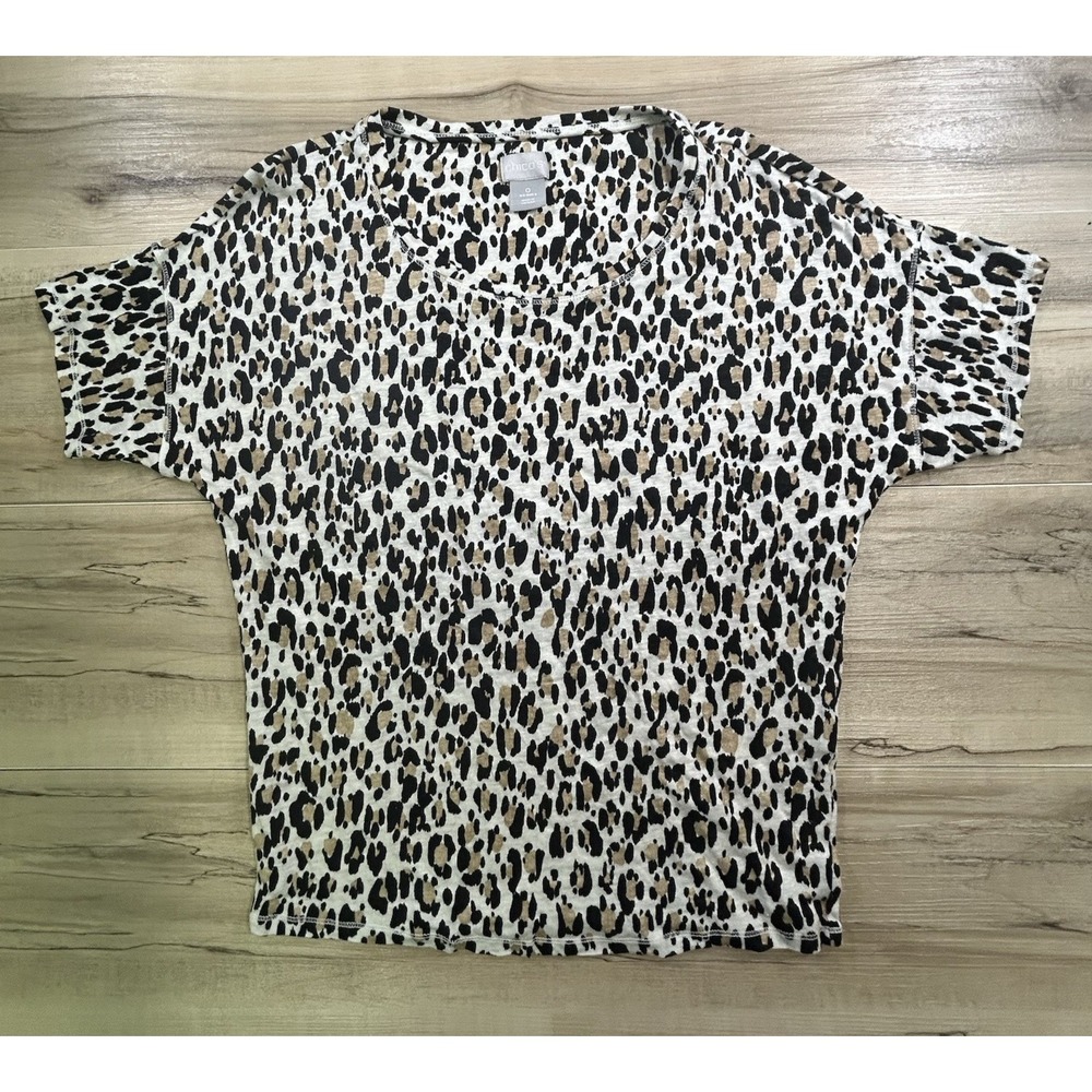 Chico's 0 Women's Short Sleeve T Shirt Brown Leopard Print 100% Linen Size 4